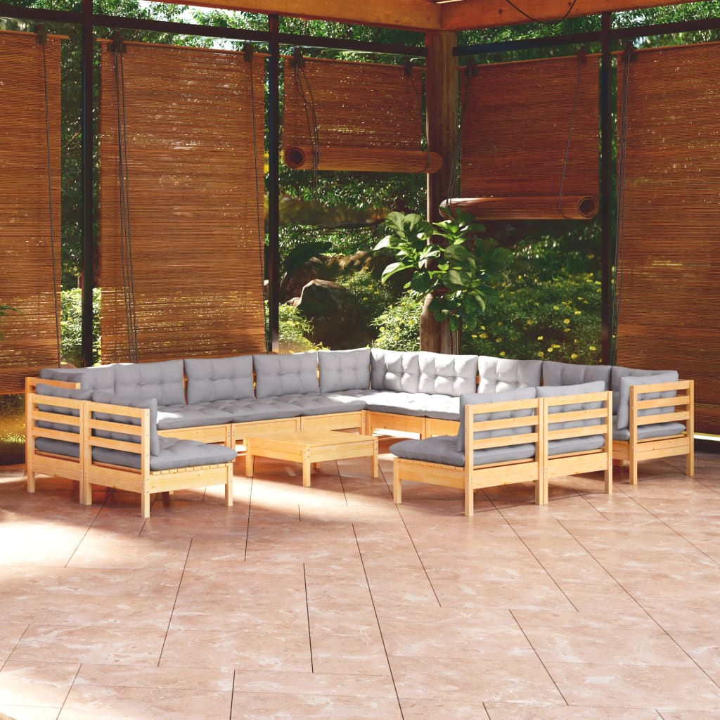 14-tlg. Garten-Lounge-Set mit Grauen Kissen Massivholz Kiefer