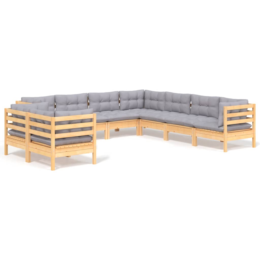 9-tlg. Garten-Lounge-Set mit Grauen Kissen Massivholz Kiefer