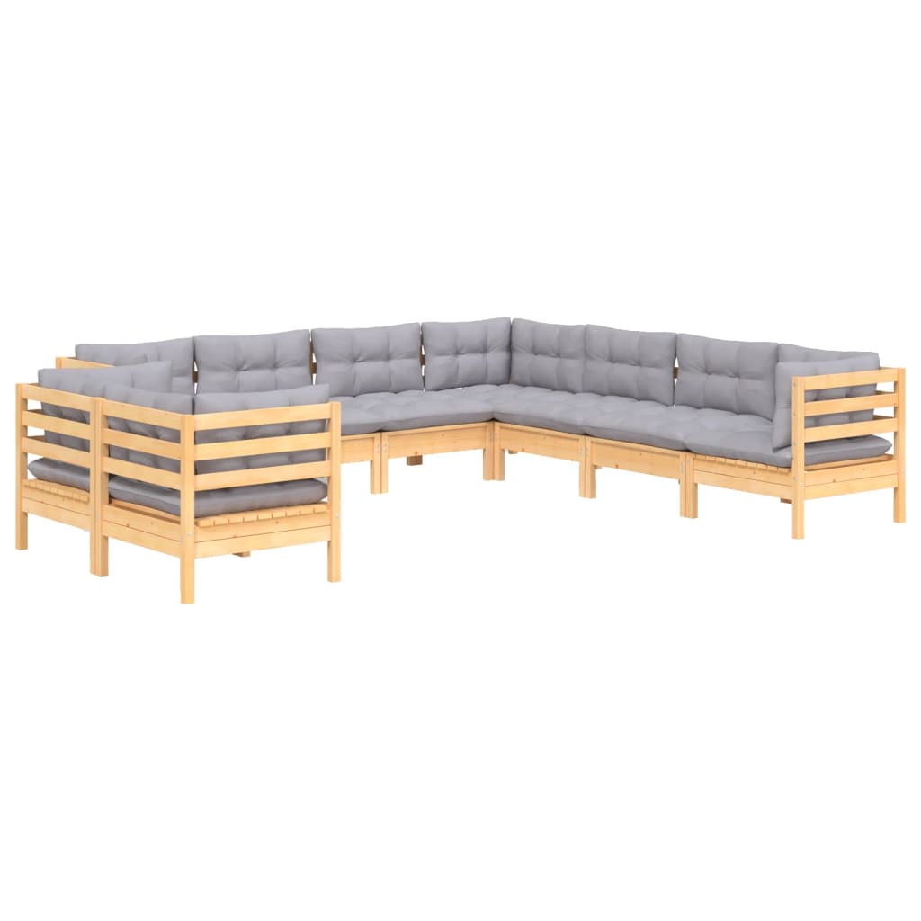 9-tlg. Garten-Lounge-Set mit Grauen Kissen Massivholz Kiefer