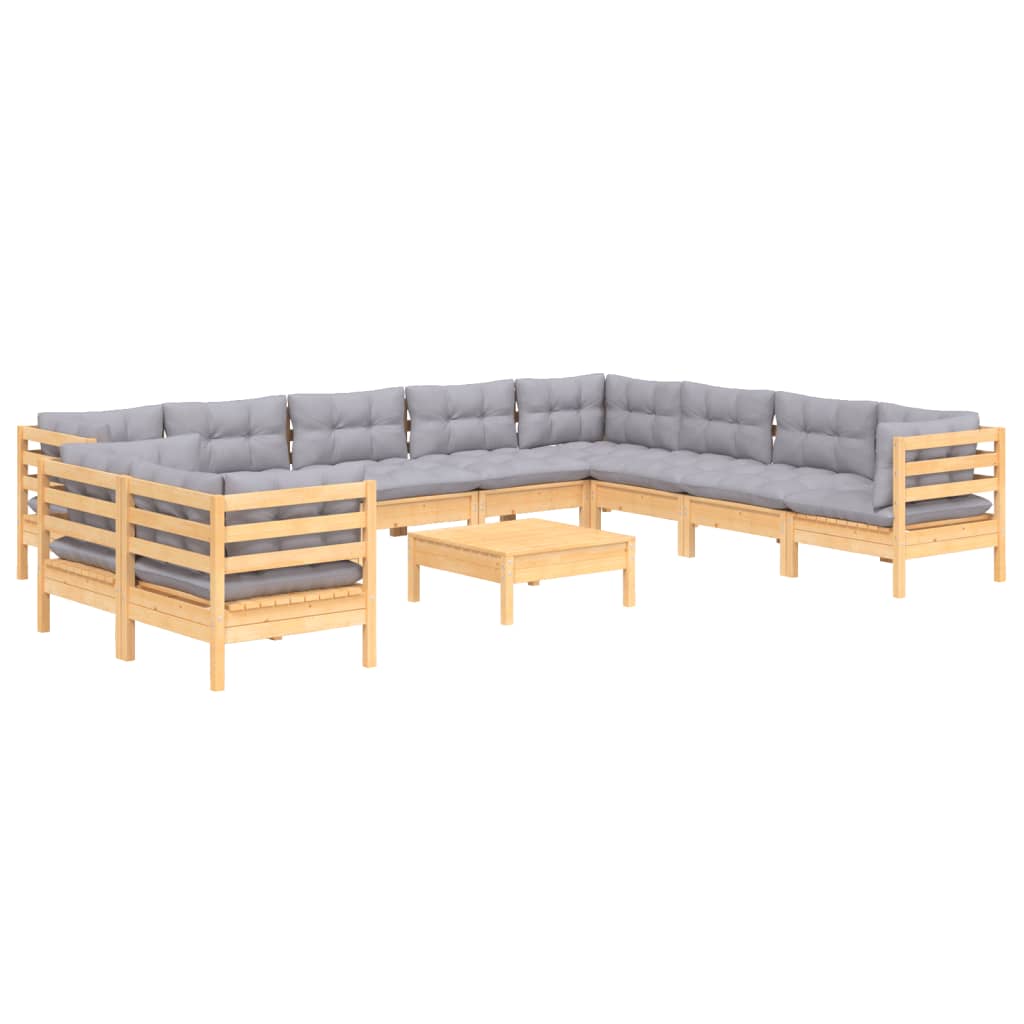 11-tlg. Garten-Lounge-Set mit Grauen Kissen Massivholz Kiefer