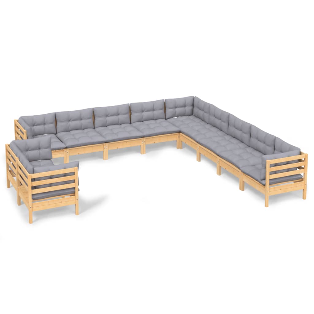 11-tlg. Garten-Lounge-Set mit Grauen Kissen Massivholz Kiefer