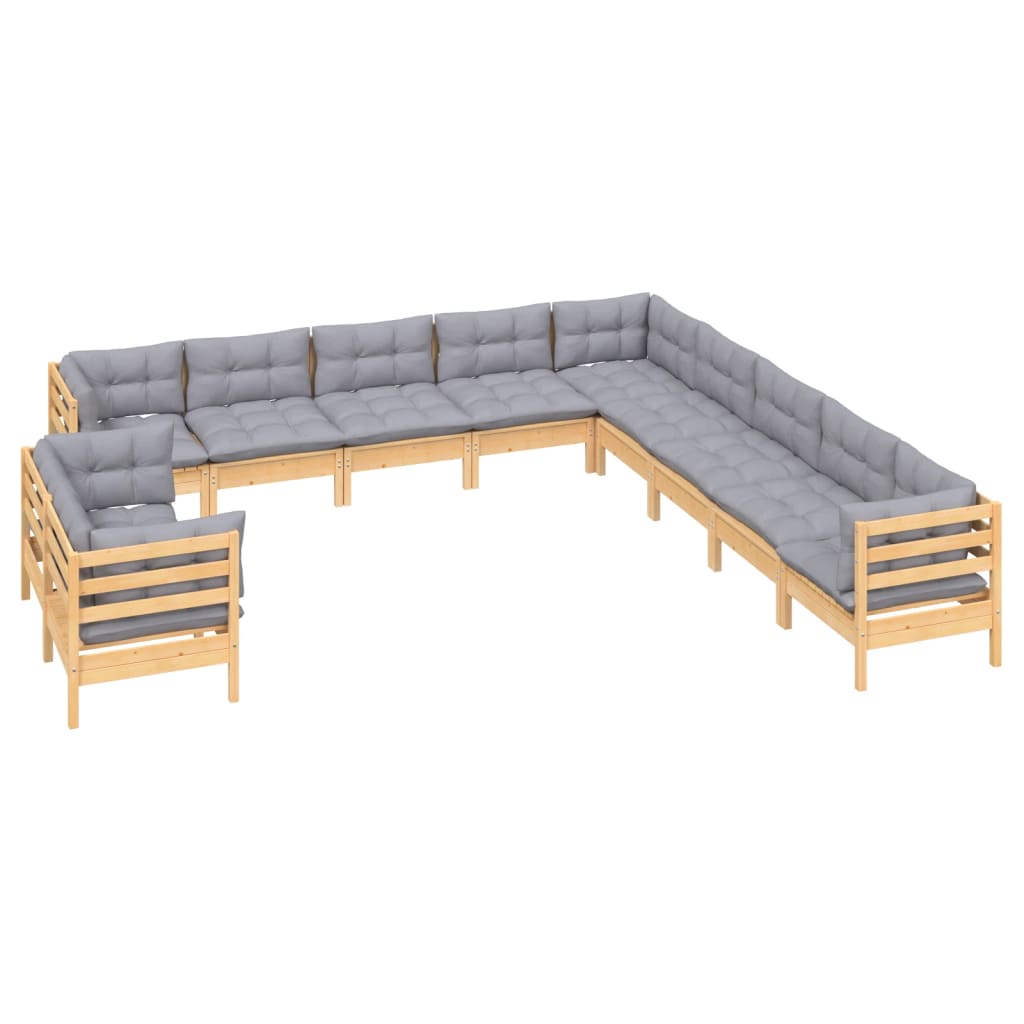 11-tlg. Garten-Lounge-Set mit Grauen Kissen Massivholz Kiefer