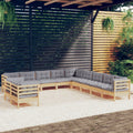 11-tlg. Garten-Lounge-Set mit Grauen Kissen Massivholz Kiefer