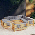 12-tlg. Garten-Lounge-Set mit Grauen Kissen Massivholz Kiefer