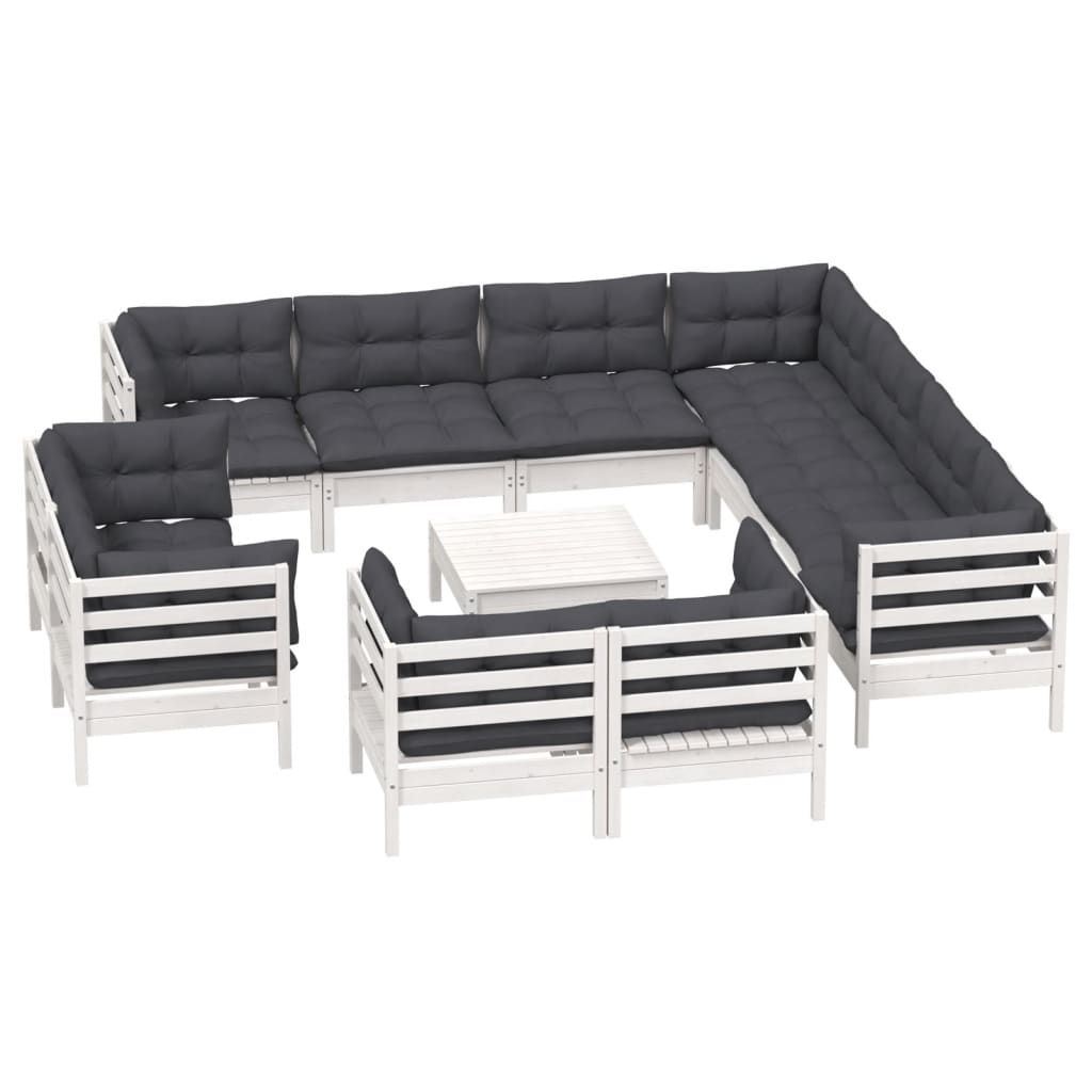 12-tlg. Garten-Lounge-Set mit Kissen Weiß Massivholz Kiefer