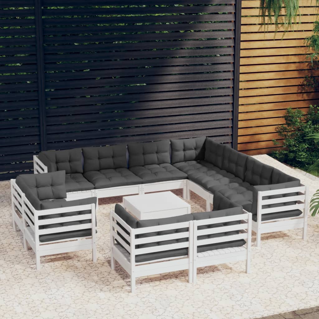 12-tlg. Garten-Lounge-Set mit Kissen Weiß Massivholz Kiefer