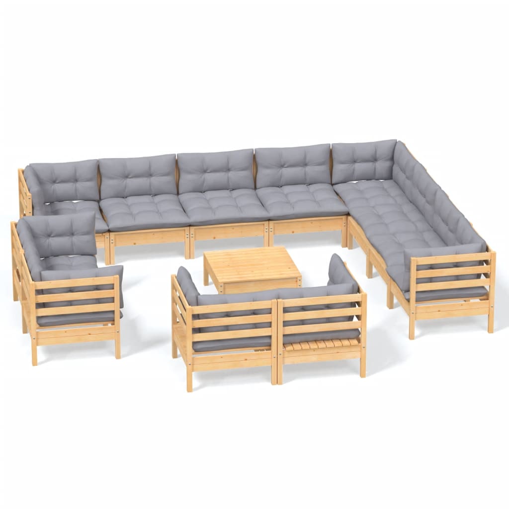 13-tlg. Garten-Lounge-Set mit Grauen Kissen Massivholz Kiefer