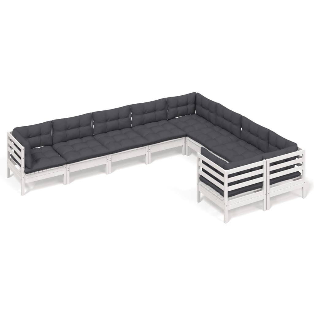 9-tlg. Garten-Lounge-Set mit Kissen Weiß Kiefernholz