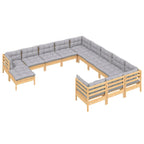 12-tlg. Garten-Lounge-Set mit Grauen Kissen Kiefernholz