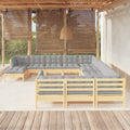 12-tlg. Garten-Lounge-Set mit Grauen Kissen Kiefernholz