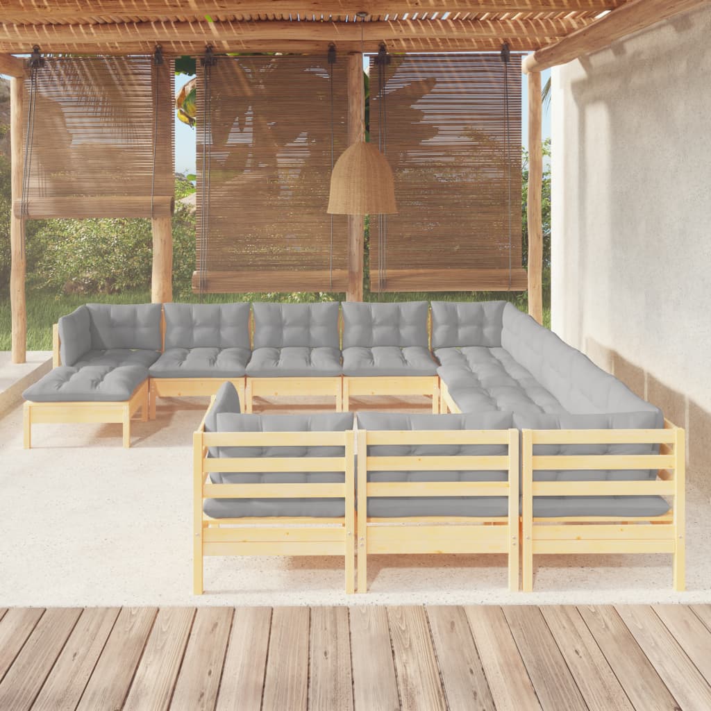 12-tlg. Garten-Lounge-Set mit Grauen Kissen Kiefernholz