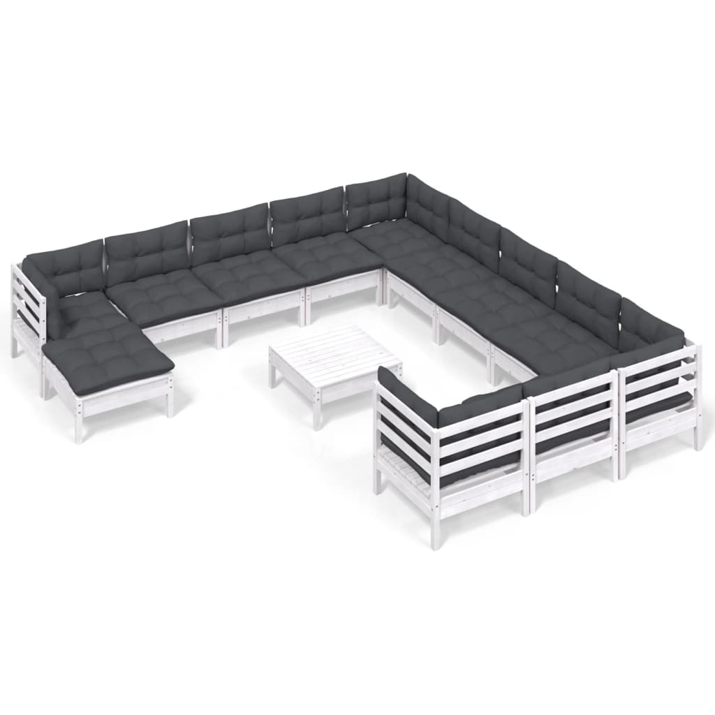 13-tlg. Garten-Lounge-Set mit Kissen Weiß Kiefernholz