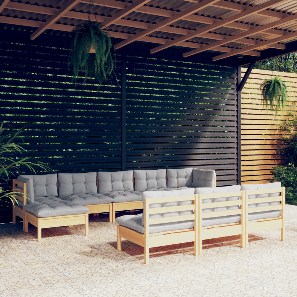 10-tlg. Garten-Lounge-Set mit Grauen Kissen Kiefernholz
