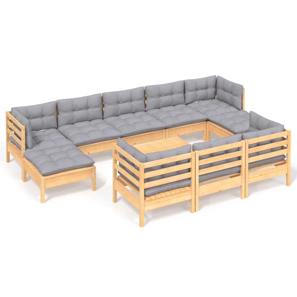 11-tlg. Garten-Lounge-Set mit Grauen Kissen Kiefer Massivholz