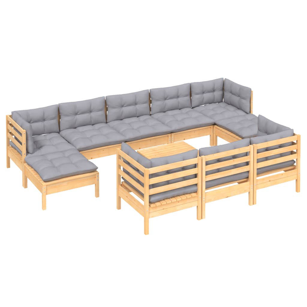 11-tlg. Garten-Lounge-Set mit Grauen Kissen Kiefer Massivholz