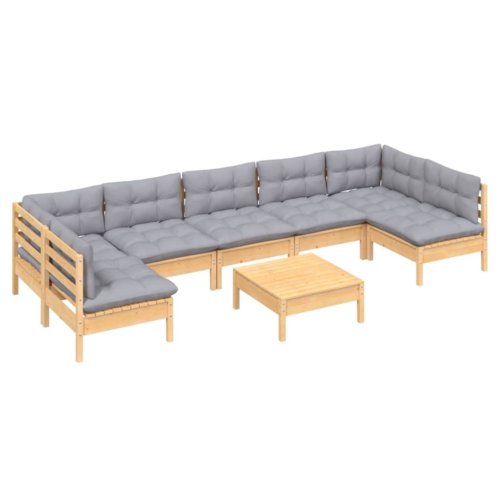 8-tlg. Garten-Lounge-Set mit Grauen Kissen Kiefer Massivholz