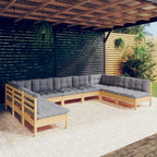 9-tlg. Garten-Lounge-Set mit Grauen Kissen Kiefer Massivholz