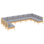 10-tlg. Garten-Lounge-Set mit Grauen Kissen Kiefer Massivholz