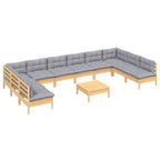 11-tlg. Garten-Lounge-Set mit Grauen Kissen Kiefer Massivholz