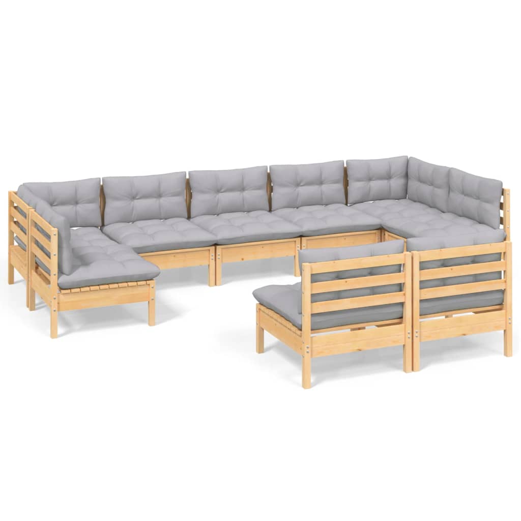 9-tlg. Garten-Lounge-Set mit Grauen Kissen Kiefer Massivholz