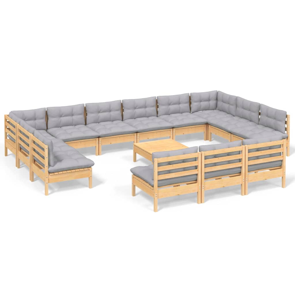 14-tlg. Garten-Lounge-Set mit Grauen Kissen Kiefer Massivholz