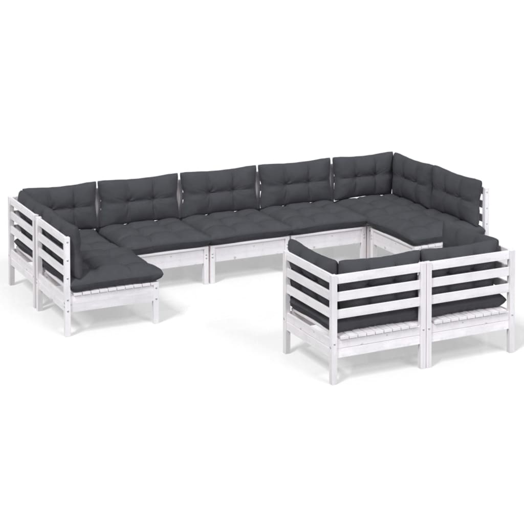 9-tlg. Garten-Lounge-Set mit Kissen Weiß Kiefer Massivholz
