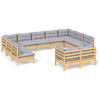 11-tlg. Garten-Lounge-Set mit Grauen Kissen Kiefer Massivholz