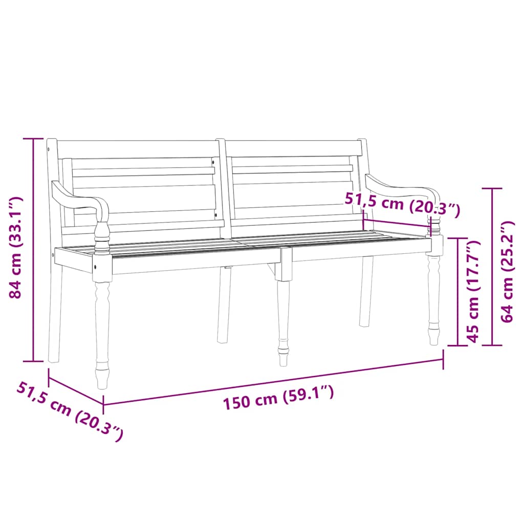 Batavia-Bank mit Creme Kissen 150 cm Massivholz Teak