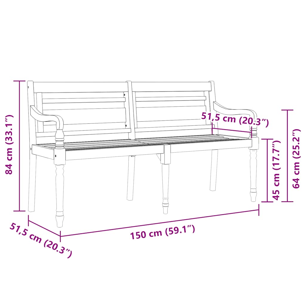 Batavia-Bank mit Kissen Grau Karomuster 150 cm Massivholz Teak