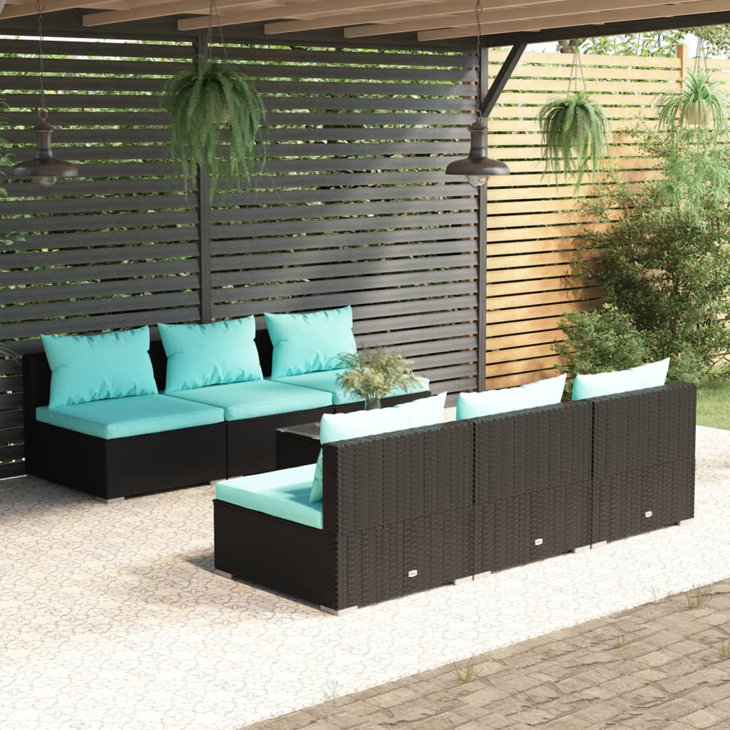7-tlg. Garten-Lounge-Set mit Auflagen Poly Rattan Schwarz