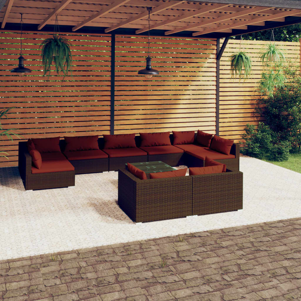 10-tlg. Garten-Lounge-Set mit Kissen Braun Poly Rattan