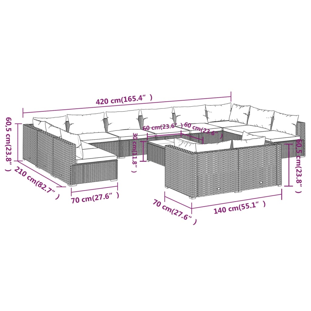 13-tlg. Garten-Lounge-Set mit Kissen Schwarz Poly Rattan