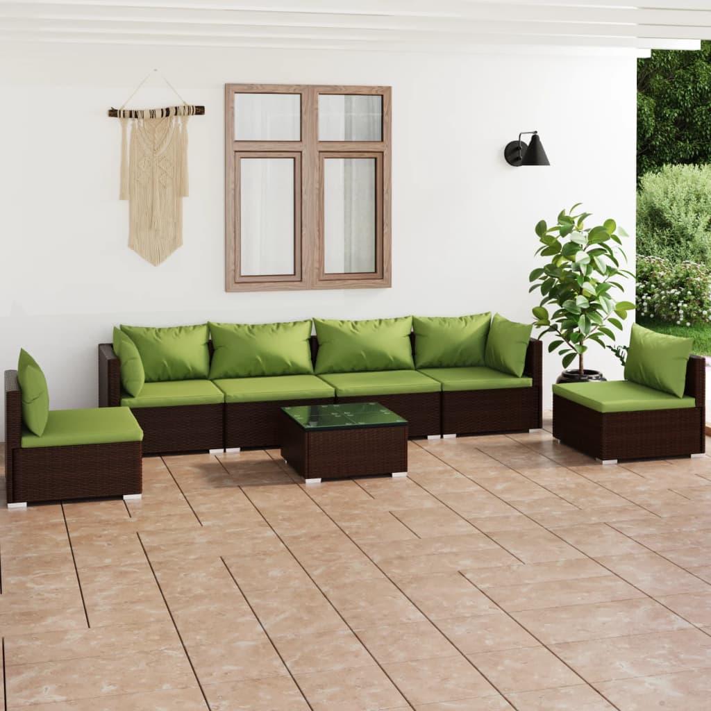 7-tlg. Garten-Lounge-Set mit Kissen Poly Rattan Braun