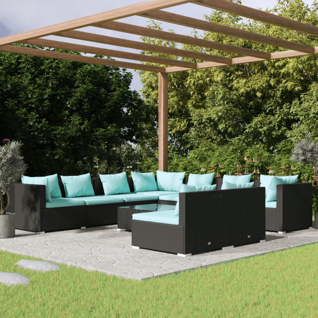 10-tlg. Garten-Lounge-Set mit Kissen Schwarz Poly Rattan