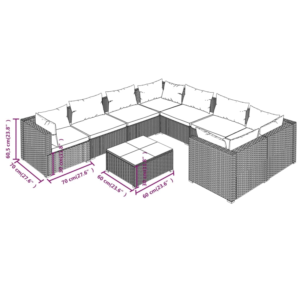 9-tlg. Garten-Lounge-Set mit Kissen Poly Rattan Grau