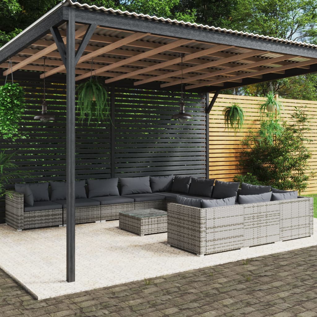 12-tlg. Garten-Lounge-Set mit Kissen Poly Rattan Grau