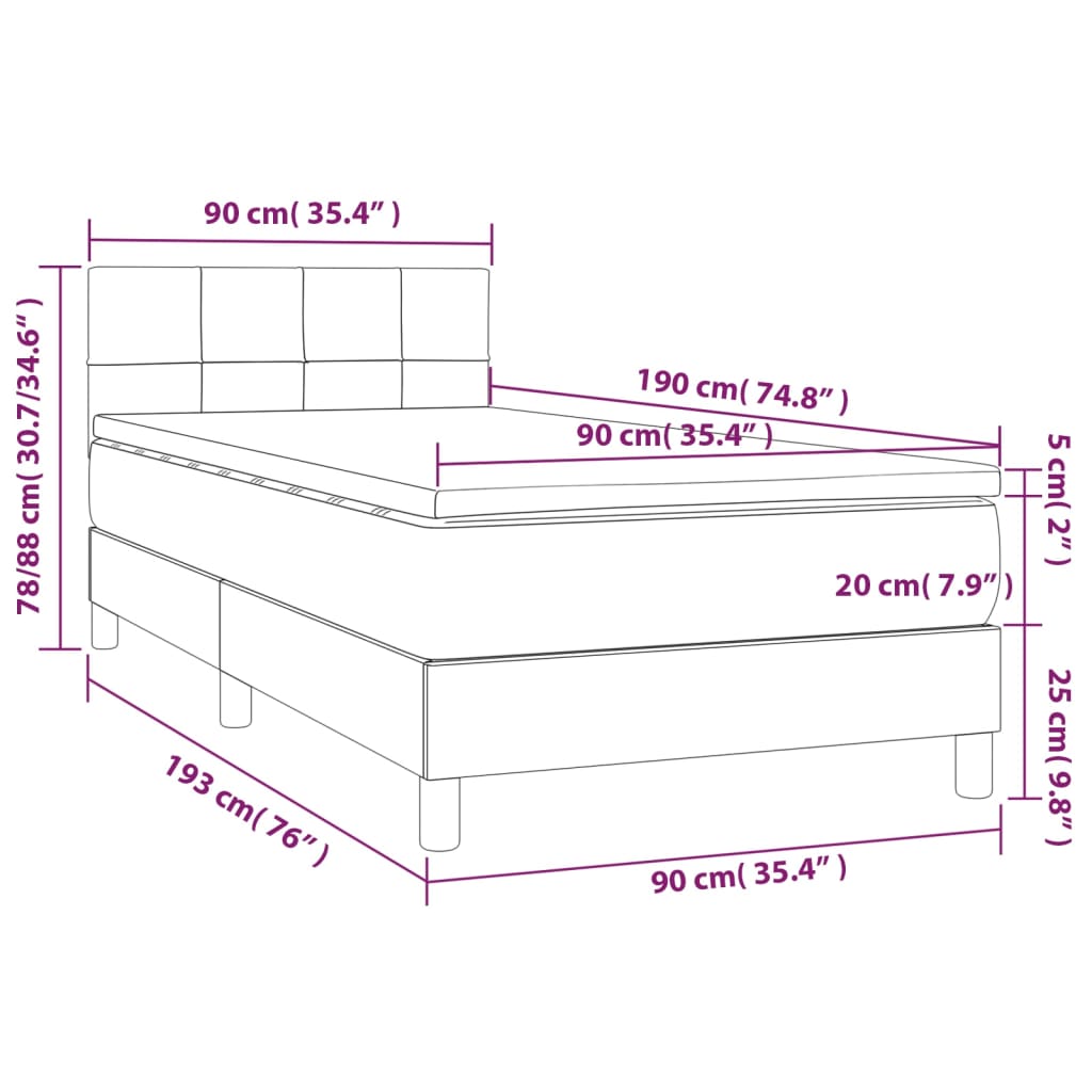 Boxspringbett mit Matratze & LED Hellgrau 90x190 cm Samt
