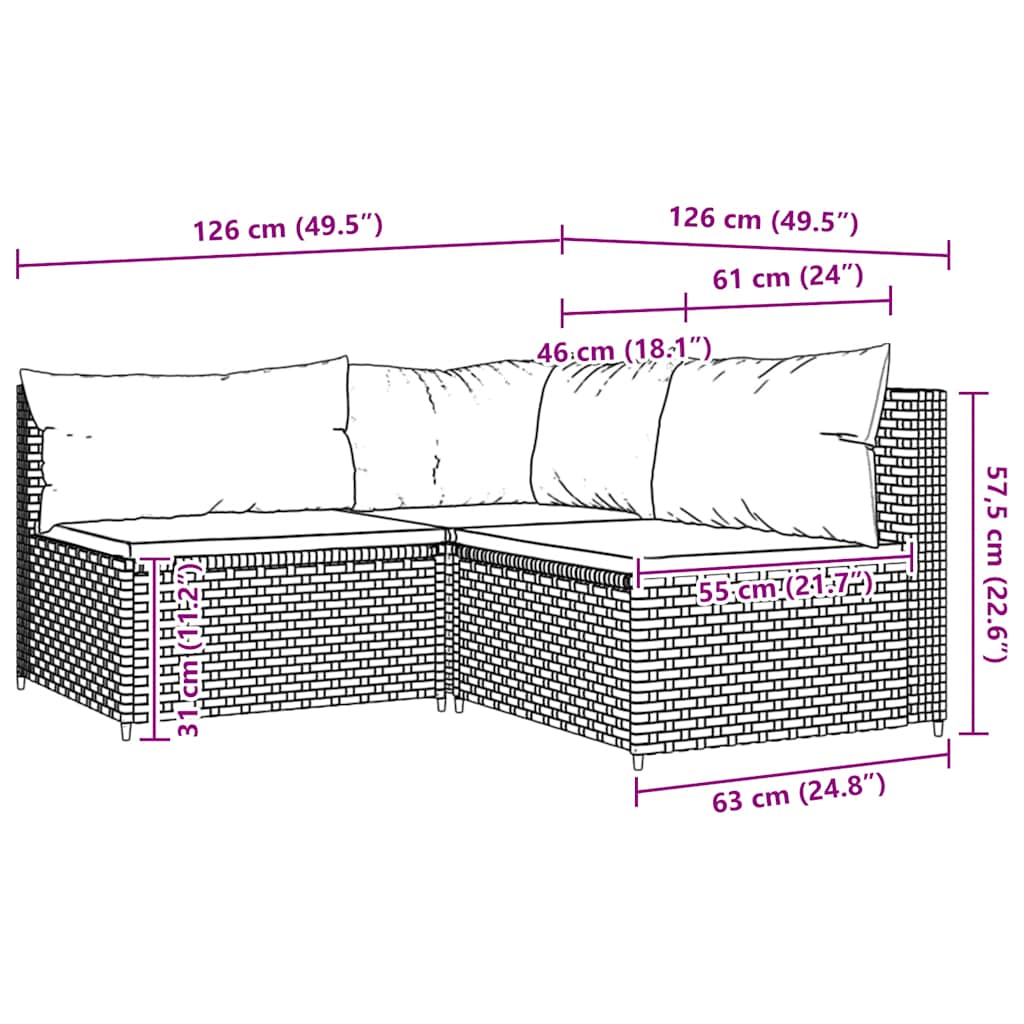 3-tlg. Garten-Lounge-Set mit Kissen Schwarz Poly Rattan