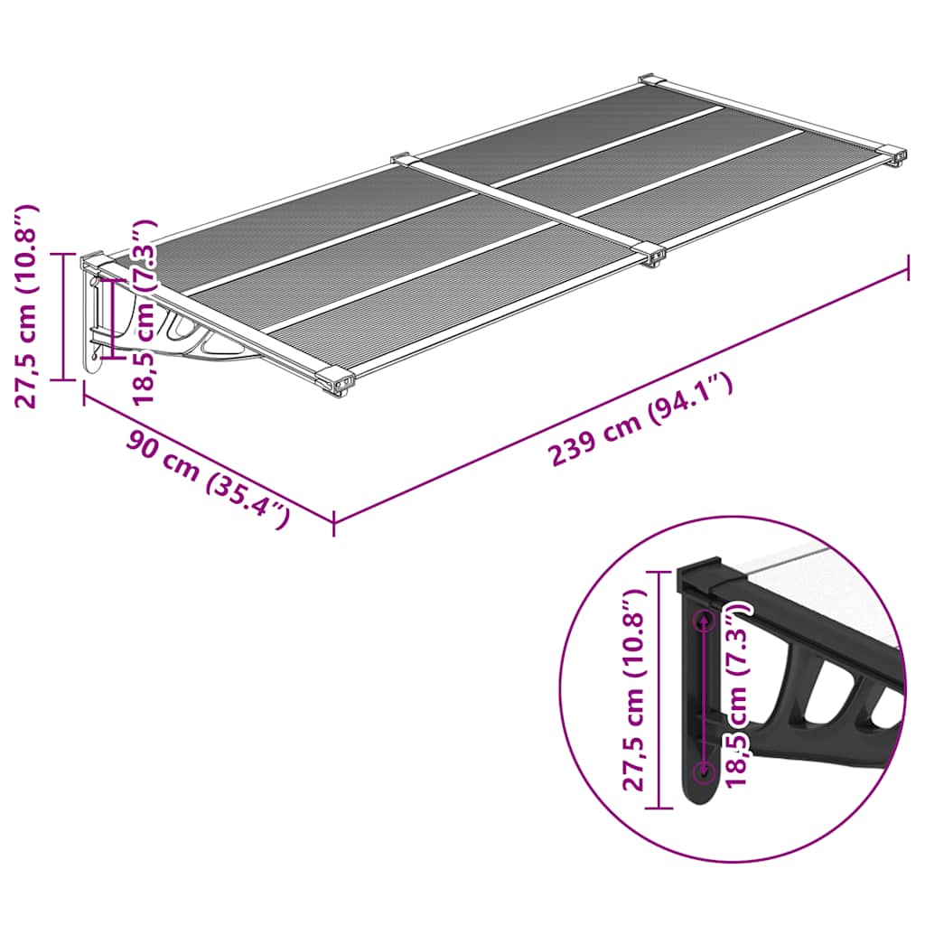 Türvordach Schwarz und Transparent 239x90 cm Polycarbonat