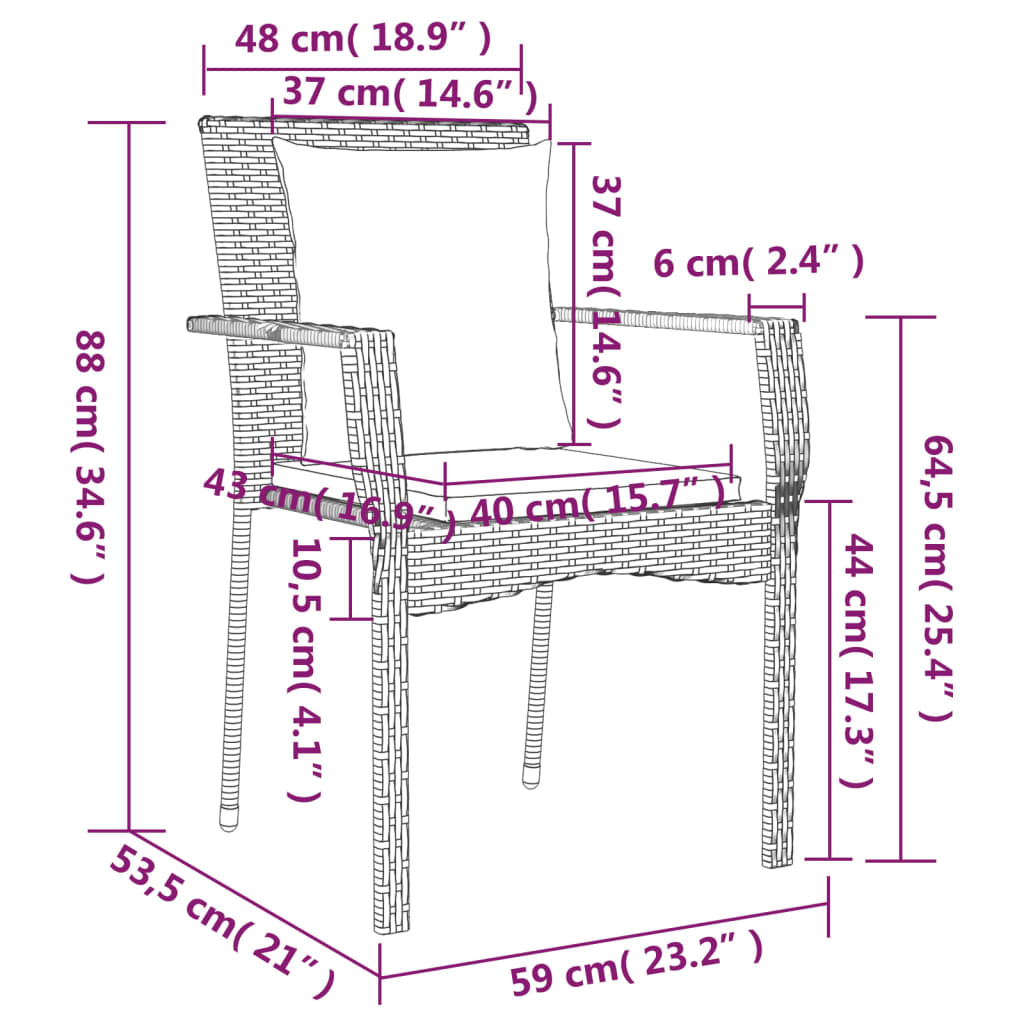 3-tlg. Garten-Essgruppe mit Kissen Schwarz und Grau Poly Rattan