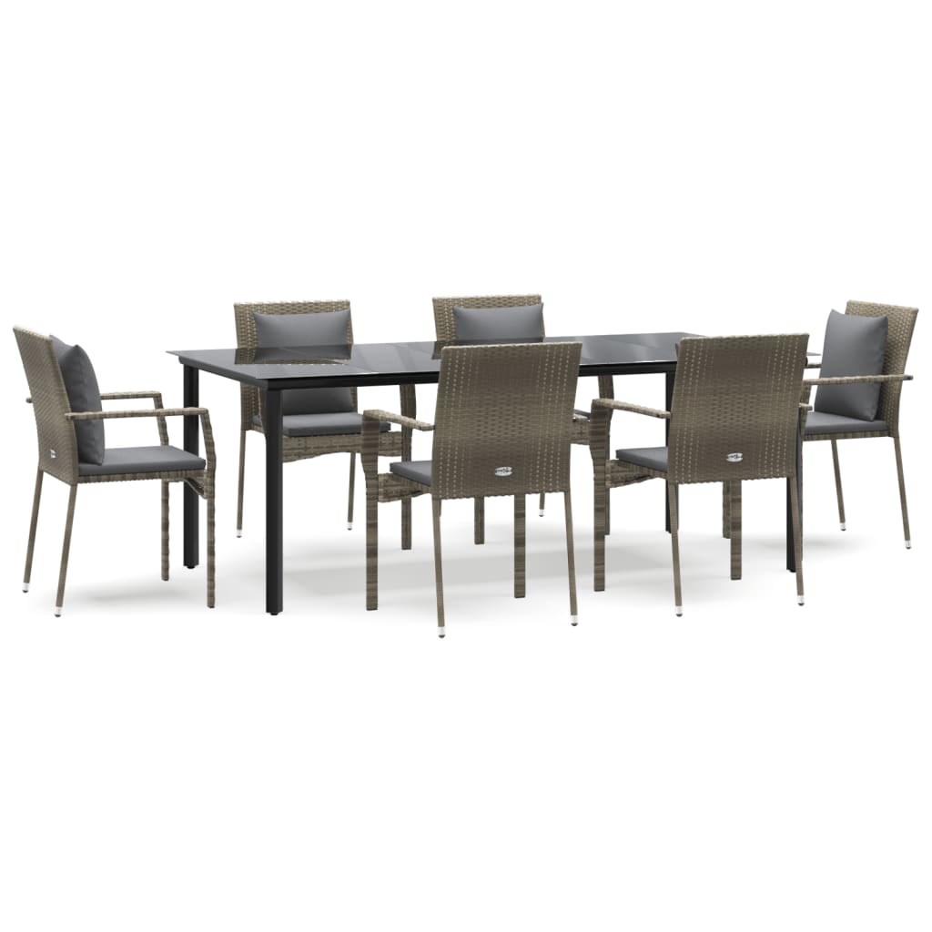 7-tlg. Garten-Essgruppe mit Kissen Schwarz und Grau Poly Rattan