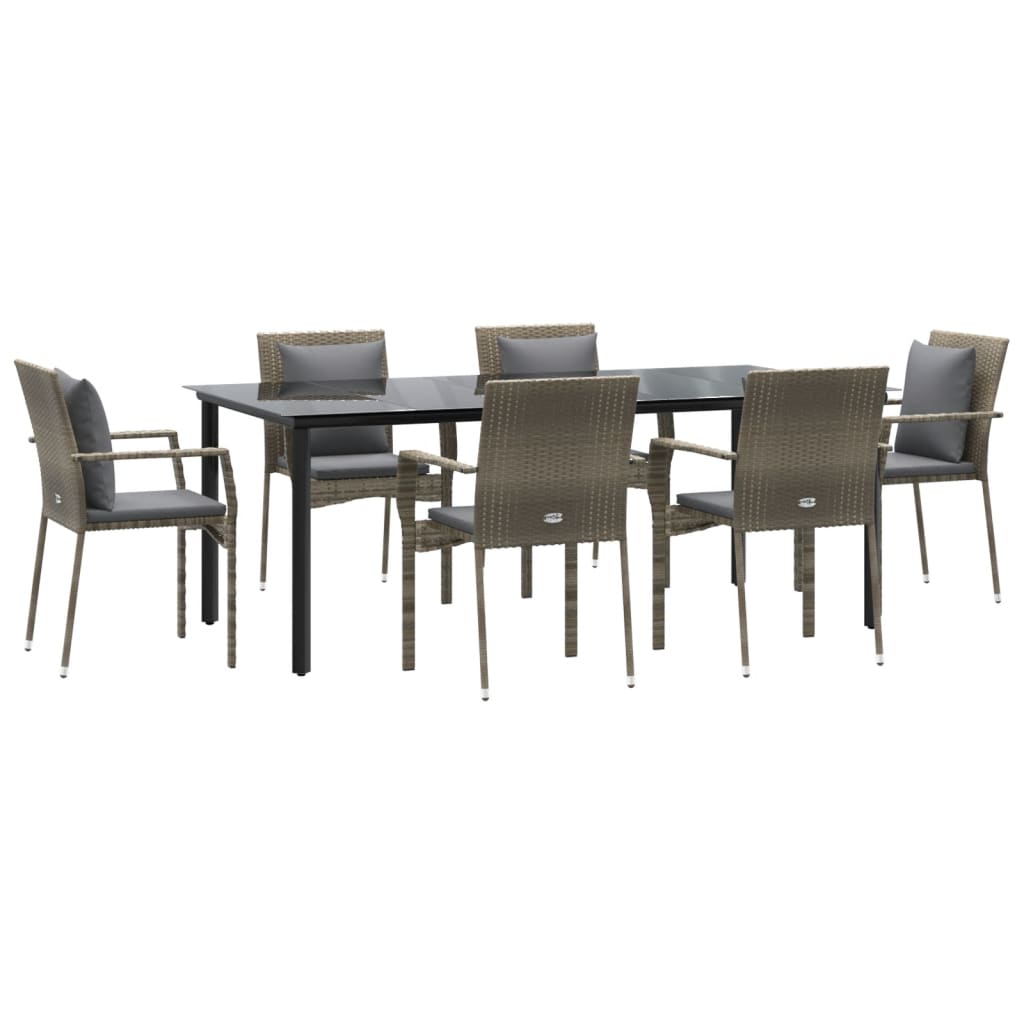 7-tlg. Garten-Essgruppe mit Kissen Schwarz und Grau Poly Rattan