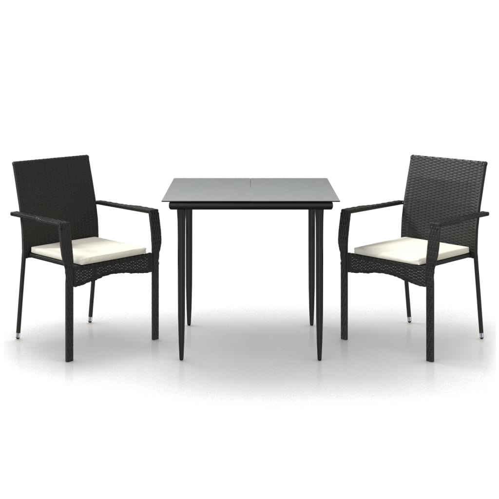 3-tlg. Garten-Essgruppe mit Kissen Schwarz Poly Rattan