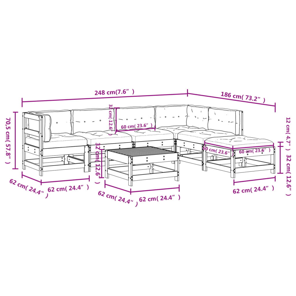 7-tlg. Garten-Lounge-Set mit Kissen Massivholz