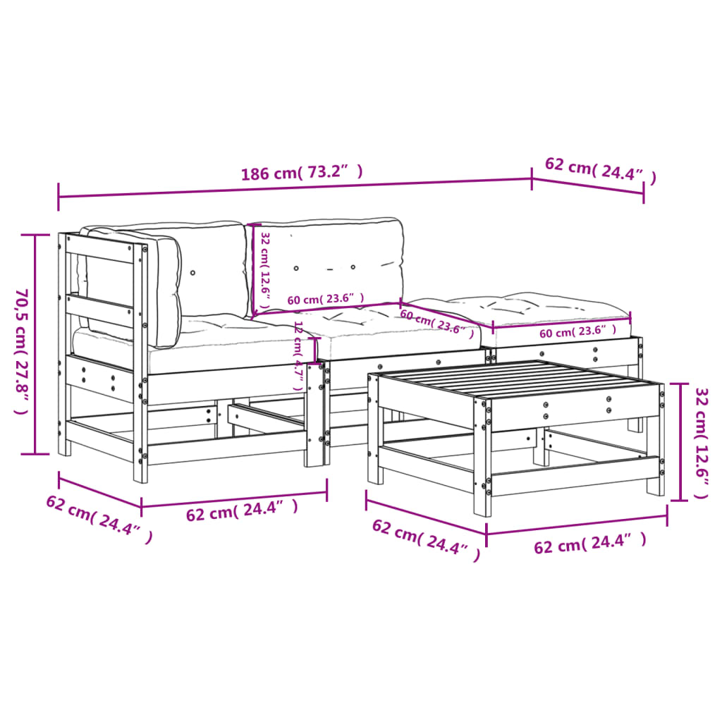 4-tlg. Garten-Lounge-Set mit Kissen Massivholz