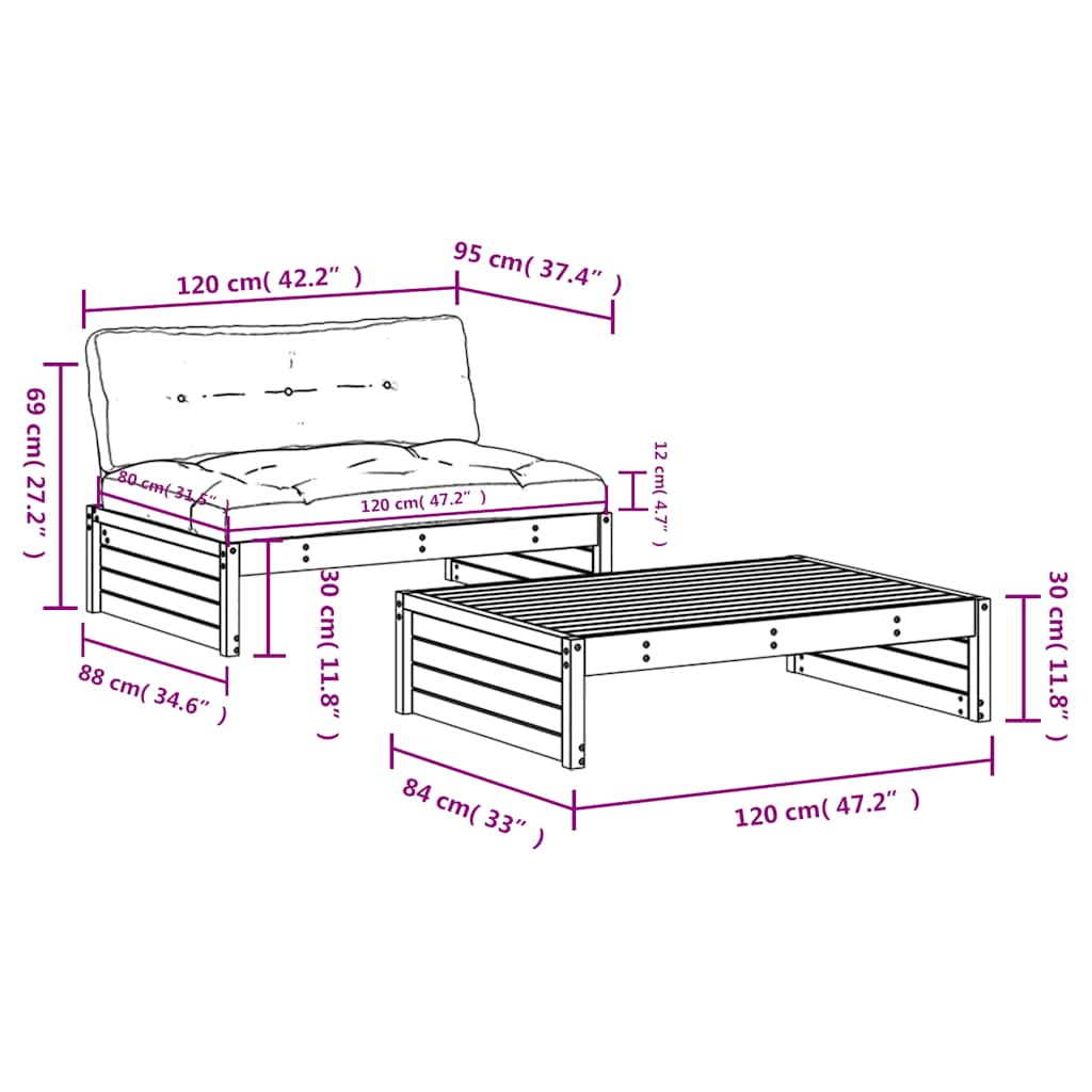 2-tlg. Garten-Lounge-Set mit Kissen Schwarz Massivholz