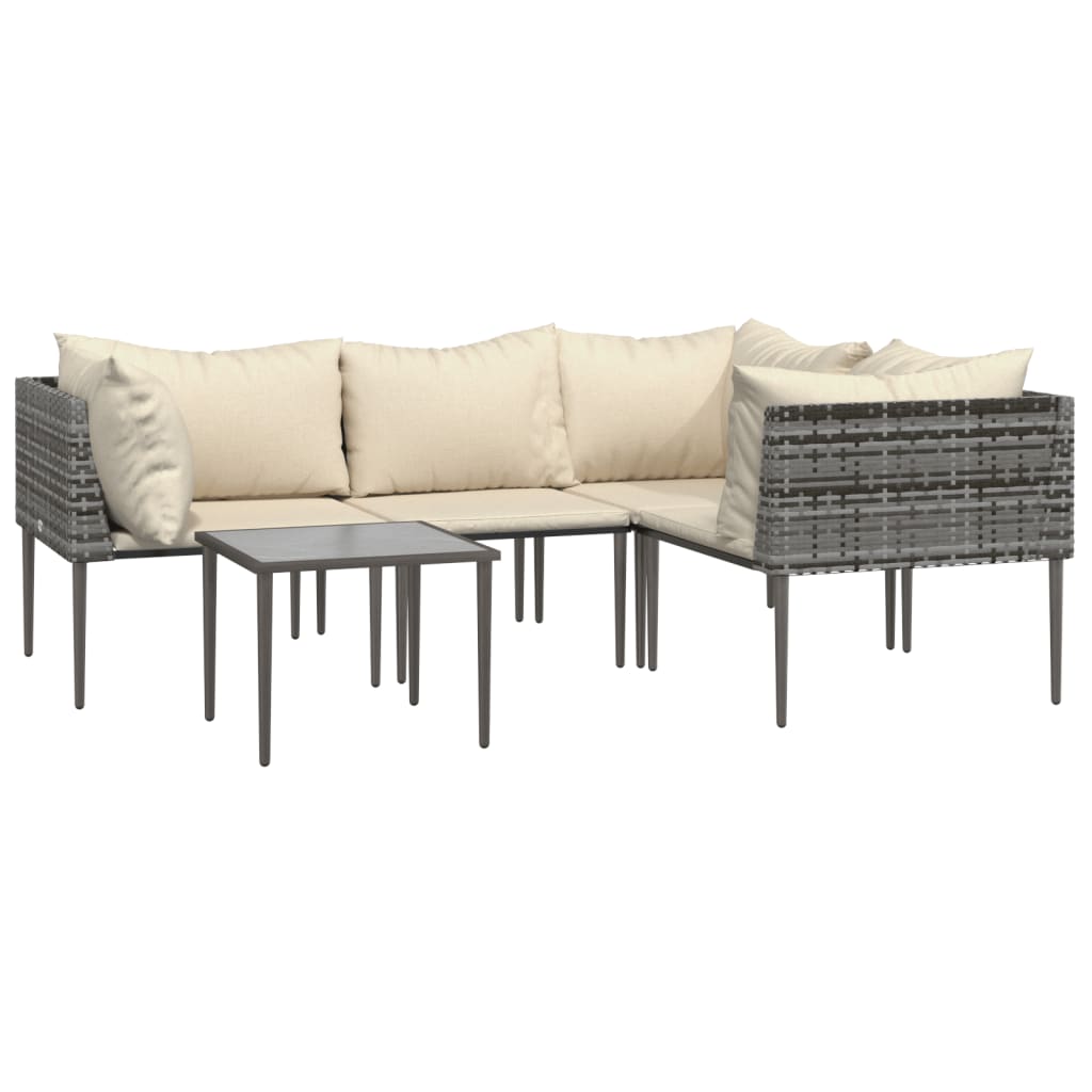 5-tlg. Garten-Lounge-Set mit Kissen Grau Poly Rattan