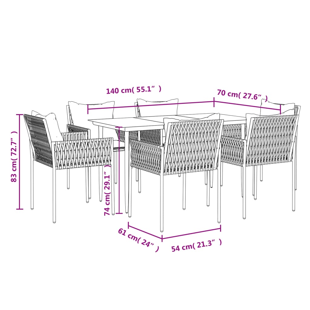7-tlg. Garten-Essgruppe mit Kissen Poly Rattan und Stahl