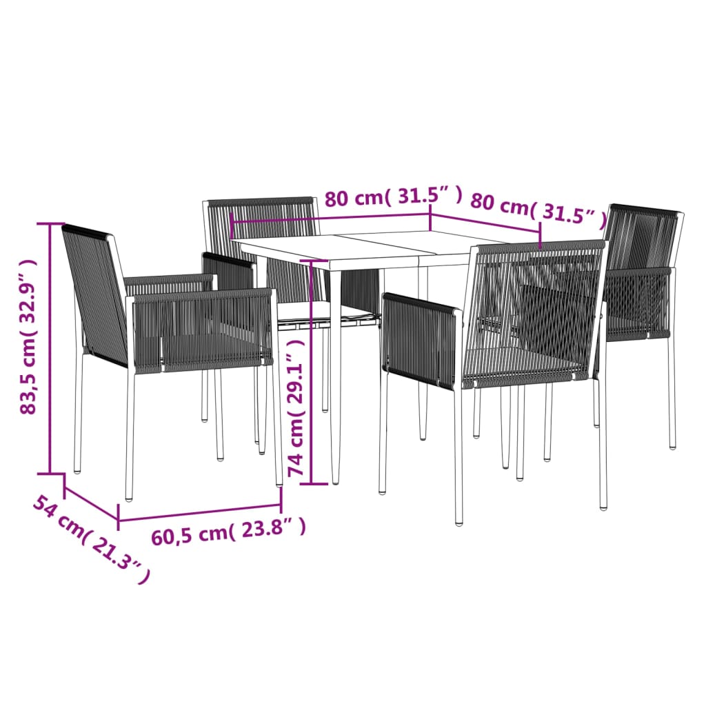 5-tlg. Garten-Essgruppe mit Kissen Schwarz Poly Rattan & Stahl