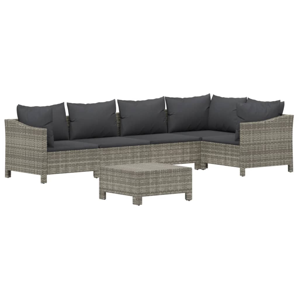 6-tlg. Garten-Lounge-Set mit Kissen Grau Poly Rattan